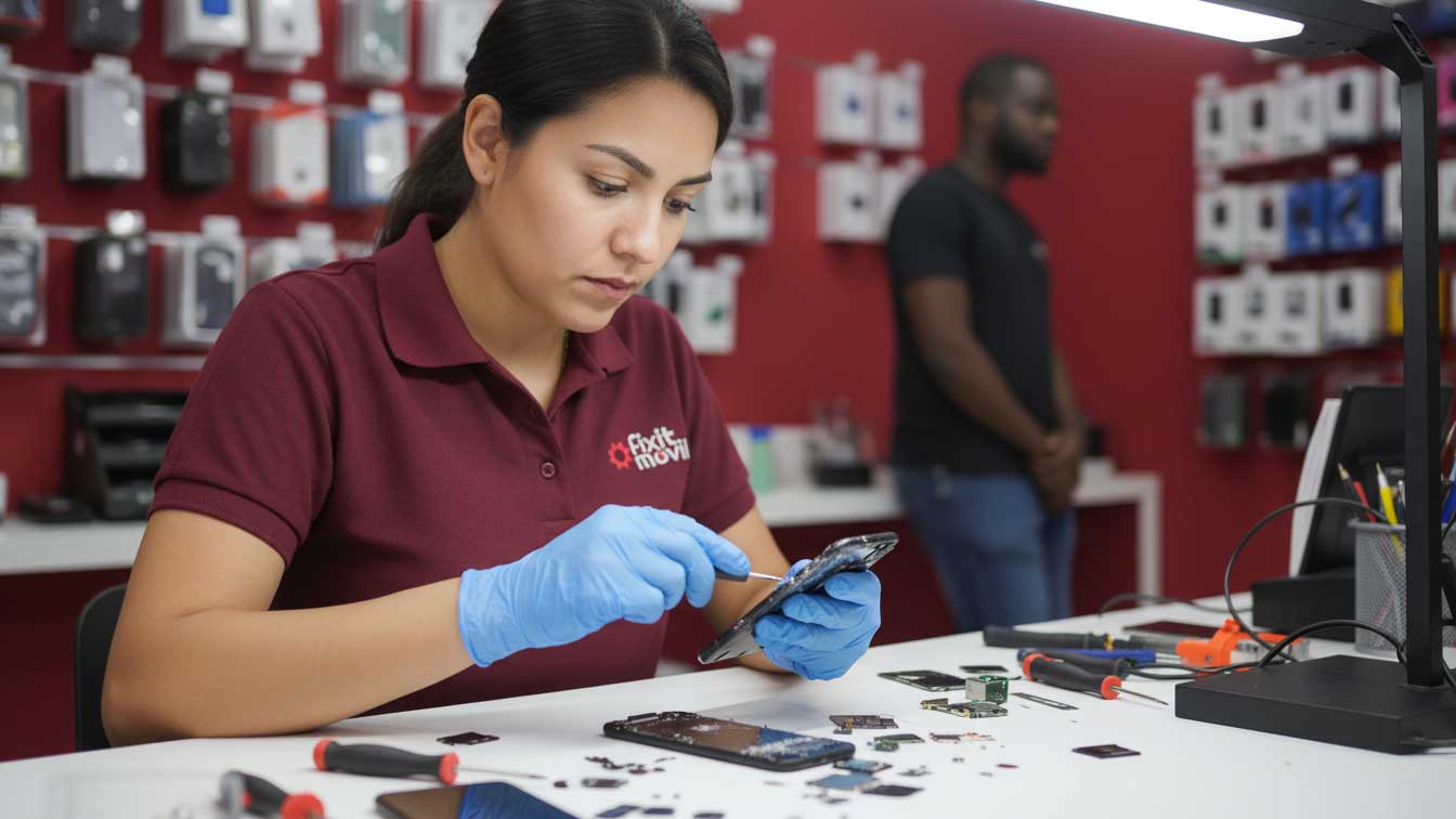 Fixit Movil technician working on a phone